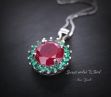 Large Round Ruby Necklace - Halo Circle 4 ct Red Ruby Pendant - White Gold coated Sterling Silver - July Birthstone #396