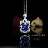 Large Rectangular Tanzanite Necklace Royal Gemstone Flower White Gold Coated Sterling Silver 10 CT LAB Created Blue Tanzanite Pendant #864