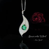 Emerald Necklace - Single Gemstone Pave Leaf Necklace - 18KGP @ Sterling Silver - Teardrop 2.75 CT Green Emerald Pendant #904B