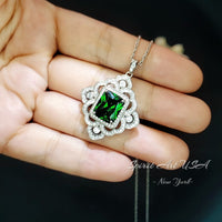 Gorgeous Green Chrome Diopside Necklace - Gemstone Flower Sterling Silver White Gold Coated - Faceted Rectangle 5 CT Diopside Pendant #826