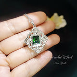 Gorgeous Green Chrome Diopside Necklace - Gemstone Flower Sterling Silver White Gold Coated - Faceted Rectangle 5 CT Diopside Pendant #826