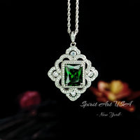 Gorgeous Green Chrome Diopside Necklace - Gemstone Flower Sterling Silver White Gold Coated - Faceted Rectangle 5 CT Diopside Pendant #826