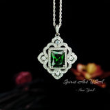 Gorgeous Green Chrome Diopside Necklace - Gemstone Flower Sterling Silver White Gold Coated - Faceted Rectangle 5 CT Diopside Pendant #826