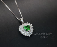 Double Halo Emerald Heart Necklace - Full Sterling Silver - May Birthstone - Tiny Green Gemstone Emerald Jewelry -18KGP #294