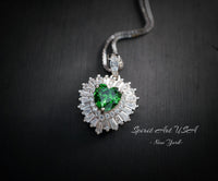 Double Halo Emerald Heart Necklace - Full Sterling Silver - May Birthstone - Tiny Green Gemstone Emerald Jewelry -18KGP #294