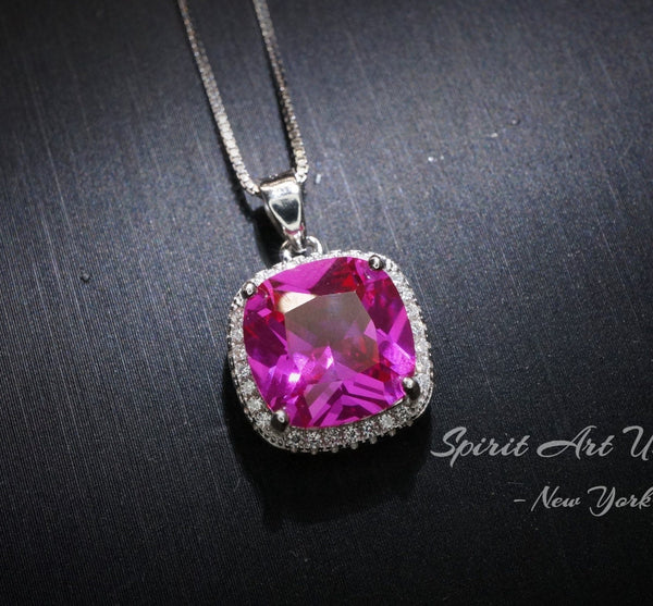 6CT Fuchsia Pink Sapphire Necklace - Large Square Sterling Silver White Gold Plated - Pink Sapphire Jewelry #462