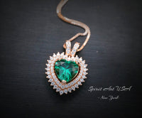 Double Halo Emerald Necklace - Rose gold coated Sterling Silver - 8 MM 2.1 Ct Solitaire Green Heart Emerald Pendant Jewelry #493