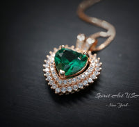 Double Halo Emerald Necklace - Rose gold coated Sterling Silver - 8 MM 2.1 Ct Solitaire Green Heart Emerald Pendant Jewelry #493