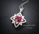 Ruby Necklace Diamond Medal of Honor Flower Necklace Sterling Silver Star Ruby Pendant 3 CT Lab Created Ruby Gemstone Four Petal Flower #514