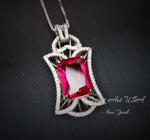 Large Ruby Necklace - Rectangle 10 CT Gemstone Red Ruby Pendant - 18KGP @ Sterling Silver - July Birthstone - Royal Flower Ruby Jewelry #798