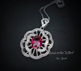 Gemstone Peony Red Ruby Necklace , 2.1 CT Red Ruby Pendant , Large White Gold plated Sterling Silver Flower #761