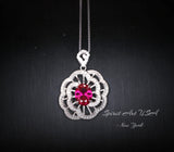 Gemstone Peony Red Ruby Necklace , 2.1 CT Red Ruby Pendant , Large White Gold plated Sterling Silver Flower #761