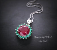 Large Round Ruby Necklace - Halo Circle 4 ct Red Ruby Pendant - White Gold coated Sterling Silver - July Birthstone #396