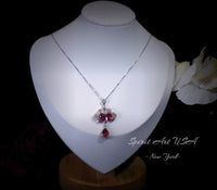 Peacock Flower Red Ruby Necklace 18KGP Sterling Silver Gemstone Tassel Red Ruby Pendant White Gold coated Bridal Wedding Jewelry #533