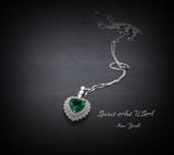 Emerald Necklace - Green Emerald Heart Pendant - Full 925 Sterling Silver 8 MM Double Halo Solitaire Green Heart Emerald Jewelry #429