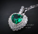 Emerald Necklace - Green Emerald Heart Pendant - Full 925 Sterling Silver 8 MM Double Halo Solitaire Green Heart Emerald Jewelry #429