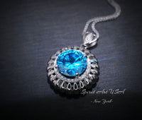 Swiss Blue Topaz Necklace - Large Sterling Silver - Gemstone Sunflower Style - White Gold coated - Round 4 CT - Blue Topaz Pendant #943