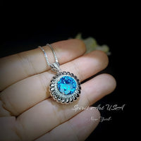 Swiss Blue Topaz Necklace - Large Sterling Silver - Gemstone Sunflower Style - White Gold coated - Round 4 CT - Blue Topaz Pendant #943