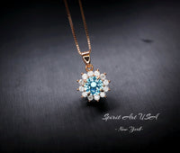 Aquamarine Necklace - Tiny Rose Gold Over Sterling silver Halo Solitaire Blue Princess Diana Style - Aquamarine Jewelry 072