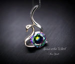 Mystic Topaz Swan Necklace - 18Kgp @ Sterling Silver - Rainbow Mystic Topaz Pendant - Solitaire Single Simple Bird Pendant #155