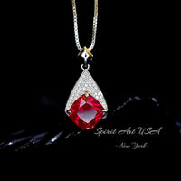 Ruby Necklace - Rhombic Style - 18KGP Full Sterling Silver Gemstone Cushion Cut Large Red Ruby Pendant - Ruby - July Birthstone #682