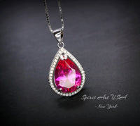 Large Teardrop Pink Sapphire Necklace - Sterling Silver Fuchsia Large 5 CT Pink Sapphire Pendant - White Gold Fuchsia Gemstone Jewelry #746