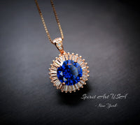 Large Blue Tanzanite Necklace - Rose Gold Sterling Silver Gemstone Halo Sun Style 4 CT Royal Blue Tanzanite Pendant #610