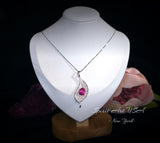 Pink Topaz Leaf Necklace - Fuchsia Pink Topaz Pendant - 18KGP White Gold coated Full Sterling Silver - 3 CT Teardrop Style #906