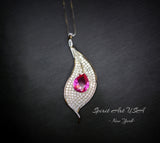 Pink Topaz Leaf Necklace - Fuchsia Pink Topaz Pendant - 18KGP White Gold coated Full Sterling Silver - 3 CT Teardrop Style #906