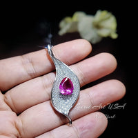 Pink Topaz Leaf Necklace - Fuchsia Pink Topaz Pendant - 18KGP White Gold coated Full Sterling Silver - 3 CT Teardrop Style #906