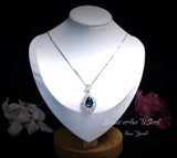 Sapphire Necklace Wheat Style Teardrop Pear 18KGP Sterling Silver - 3 CT Blue Sapphire Pendant - Gemstone Flower September Birthstone #908