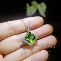 Large Gemstone Style Green Peridot Necklace - 6.5 CT Square Princess Cut Green Peridot Pendant - 18KGP & Full Sterling Silver Made #767