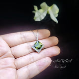 Large Gemstone Style Green Peridot Necklace - 6.5 CT Square Princess Cut Green Peridot Pendant - 18KGP & Full Sterling Silver Made #767