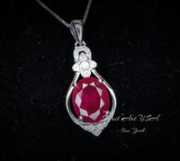 Red Ruby Necklace Oval 2.8 CT Red Ruby Pendant Tiny Gemstone Flower Sterling Silver July Birthstone 18k White Gold Plated #947