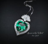 Large Green Emerald Heart Necklace - White Gold coated Sterling Silver - 4 CT Green Emerald Pendant #576