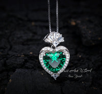 Large Green Emerald Heart Necklace - White Gold coated Sterling Silver - 4 CT Green Emerald Pendant #576