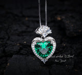 Large Green Emerald Heart Necklace - White Gold coated Sterling Silver - 4 CT Green Emerald Pendant #576