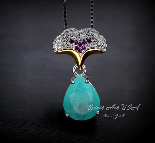 Paraiba Tourmaline Necklace - Ginkgo biloba Pendant - 18KGP Sterling Silver Large Teardrop 3.5 CT Paraiba Pendant Diamond Leaf Jewelry #685