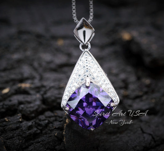Rhombic Style Amethyst Necklace - 18KGP Full Sterling Silver - Diamond Cushion - Large Created Amethyst Pendant - February Birthstone