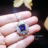 Large Square Tanzanite Necklace - Gemstone Halo Square Sterling Silver 18KGP - 7 CT 10 MM Lab Created Tanzanite Jewelry #810