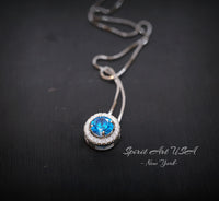 Tiny Blue Topaz Choker Necklace - 18KGP Halo Topaz Jewelry - Sterling Silver Circle Blue Gemstone Pendant Gemstone lucky circle 062