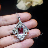 Large Red Ruby Necklace - Faceted Rectangle 5 CT Red Ruby Pendant - Gemstone Flower of Prosperity - 18GP Sterling Silver - Scissor Cut #827