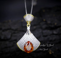 Brilliant Sunstone Necklace - Full Sterling Silver - White Gold coated - Gemstone Drop 3 CT Orange Spessartite Garnet Jewelry #828