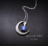 Blue Tanzanite Necklace - Gemstone Moon Pendant - 18KGP Sterling Silver - Crescent Two Separated Pendant Tiny December Birthstone #232