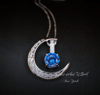 Blue Sapphire Necklace Gemstone Moon Pendant Sterling Silver Crescent - White Gold Plated Two Separated Pendant September Birthstone #231