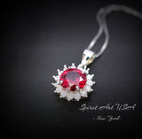 Red Ruby Necklace Sterling Silver - 8mm 2 CT Ruby Pendant - July Birthstone Princess Diana Style - Solitaire Round Gemstone Necklace #124