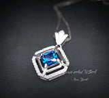 Square Blue Sapphire Necklace - White Gold plated Sterling Silver - 1 CT Blue Sapphire Pendant - Dainty Double Halo Tiny Crown Flower #392