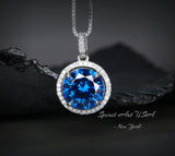 Halo 4 Ct Sapphire Necklace White Gold Plated Sterling Silver Sim Gemstone Round Lab Blue Gemstone Pendant Large Dainty September #507