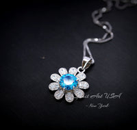 Blue Topaz Necklace - Blue Topaz Pendant - Sunflower Necklace - 18KGP Sterling Silver 047