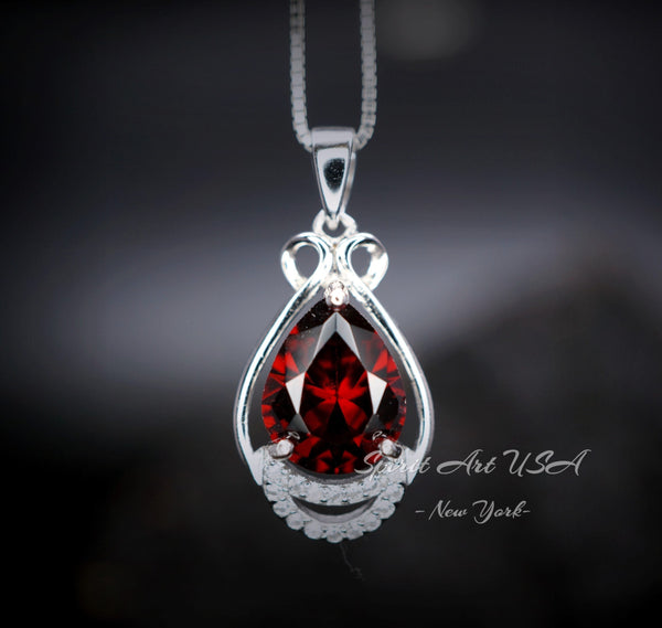 Teardrop Garnet Necklace - White Gold plated Sterling Silver - 2.75 CT Red Garnet Pendant - January Birthstone #438